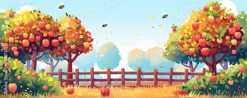 Idyllic countryside orchard with fruit-laden trees, buzzing bees, and a rustic wooden fence. Vector flat minimalistic isolated illustration.