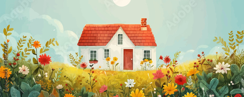 Idyllic countryside cottage nestled in a sun-drenched meadow, with a vegetable garden and blooming flowers. Vector flat minimalistic isolated illustration