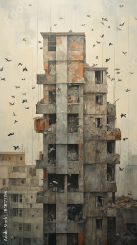 Old abandoned high-rise building with birds flying around against a foggy urban backdrop, showing urban decay and neglect.
