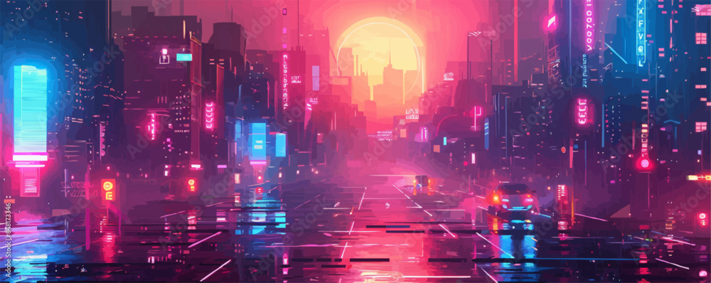 Cyberpunk urban landscape with bright neon lights, foggy streets, and cybernetic implants. Vector flat minimalistic isolated illustration. Cyberpunk urban landscape with bright neon lights, foggy streets, and cybernetic implants. Vector flat minimalistic isolated illustration.