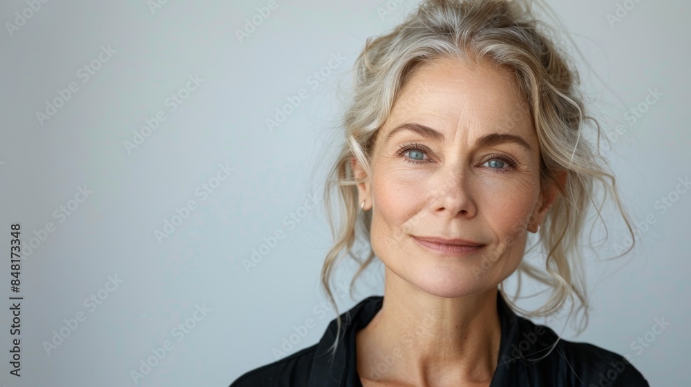 portrait of a beautiful middle-aged Caucasian blonde, studio shot on a white background. well-groomed woman over 50 years old portrait of a beautiful middle-aged Caucasian blonde, studio shot on a white background. well-groomed woman over 50 years old