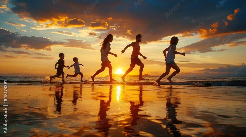 Fototapeta premium silhouette of happy 5 children on the sea beach at sunset happy family vacation at sea. long-awaited holidays