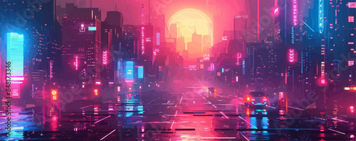 Cyberpunk urban landscape with bright neon lights, foggy streets, and cybernetic implants. Vector flat minimalistic isolated illustration.