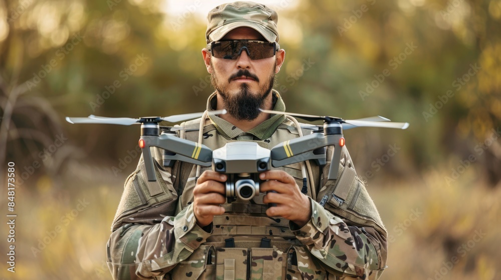 Fototapeta premium Caucasian military man in uniform drone operator holding a drone in his hands while on a military operation