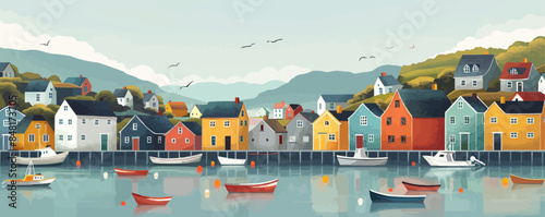 Coastal village with colorful houses, fishing boats, and a bustling harbor. Vector flat minimalistic isolated illustration