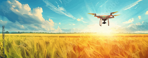 Drone flies in the sky over rice and wheat fields, technology in the agricultural business. vector simple illustration