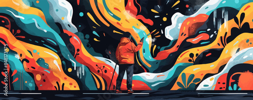 Cool graffiti artist. Illustration of an artist creating bright and expressive drawings on city walls. Vector flat minimalistic isolated illustration