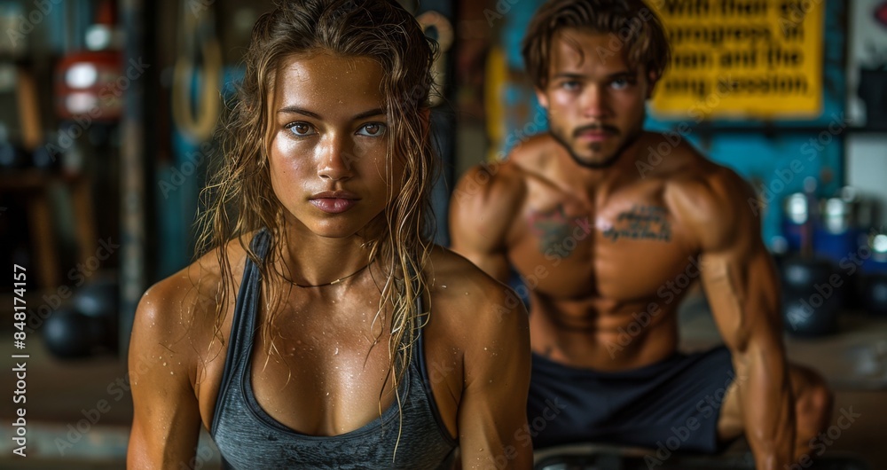 With their eyes set on progress, the attractive woman and the muscular man engage in a dynamic gym With their eyes set on progress, the attractive woman and the muscular man engage in a dynamic gym