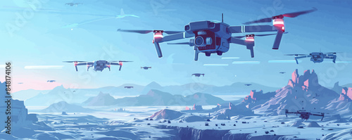 Techno-genic landscape with high-altitude drones, quadcopters, and unmanned aerial taxis. Vector flat minimalistic isolated illustration.