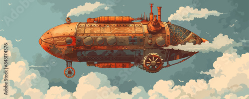 Rusty steampunk airship, floating in the sky, with copper pipes and gear wheels. Vector flat minimalistic isolated