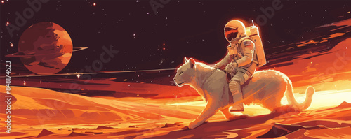Astronaut riding big cat on Mars landscape. Concept of orange light on outer. vector simple illustration
