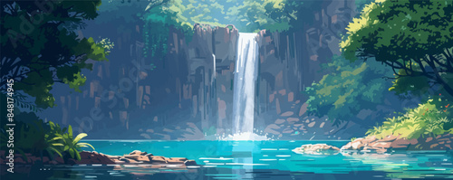 Mystical mountain waterfall hidden deep in the forest, cascading into a tranquil pool. Vector flat minimalistic isolated illustration.