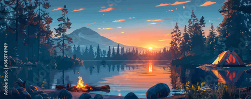 Stylized illustration with camping tent and campfire during sunset golden hour in woods near lake. vector simple