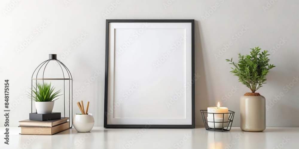 Obraz premium black and white framed poster with candles in a room with a plant in the corner.