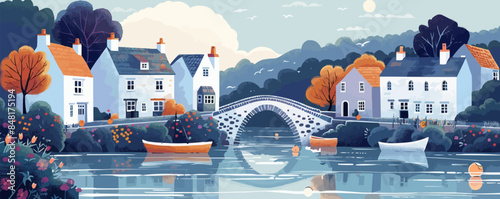 Tranquil riverside village with charming cottages, a stone bridge, and fishing boats on the water. Vector flat minimalistic isolated illustration.