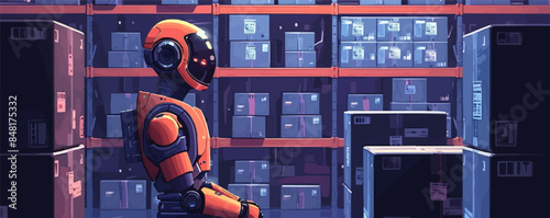 Robot delivery man in the warehouse with boxes, technology to simplify life and quality, sort parcels and valuable goods, inventory. vector simple illustration