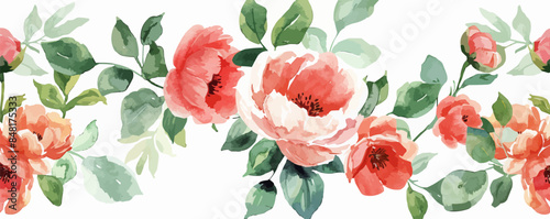Delicate floral watercolor pattern for textiles and backgrounds, watercolor peonies flowers and green leaves. vector simple illustration