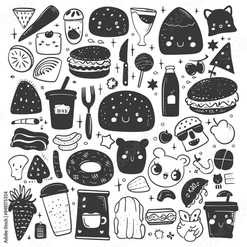 Kawaii Food Doodle Compilation: Hand-Drawn Vector Icon Set