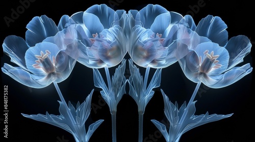 X-ray scan of a bouquet of flowers, showcasing the stems, petals, and leaves.