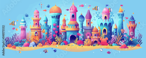 Whimsical underwater mermaid city with coral palaces, seashell towers, and colorful marine life. Vector flat minimalistic isolated illustration
