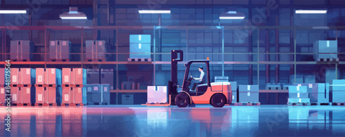 Forklift for moving items and boxes in a product warehouse, sorting and delivery technology machines. vector simple illustration