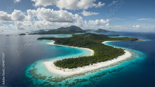 a breathtaking aerial view of a tropical archipelago with pristine white sand beaches curving around a vibrant turquoise lagoon, lush greenery, and scattered islets set against a backdrop of dramatic 