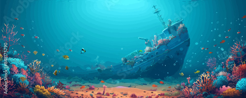 Whimsical underwater shipwreck with coral-encrusted ruins and marine life swimming around. Vector flat minimalistic isolated illustration.