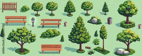 Green park isometric elements constructor mega set. Creator kit with flat graphic trees and bushes for landscaping, wooden benches, fence, lantern, 