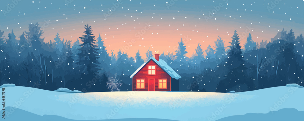 Cozy winter cabin nestled in a snowy forest glade, with a warm glow emanating from its windows. Vector flat minimalistic isolated illustration Cozy winter cabin nestled in a snowy forest glade, with a warm glow emanating from its windows. Vector flat minimalistic isolated illustration
