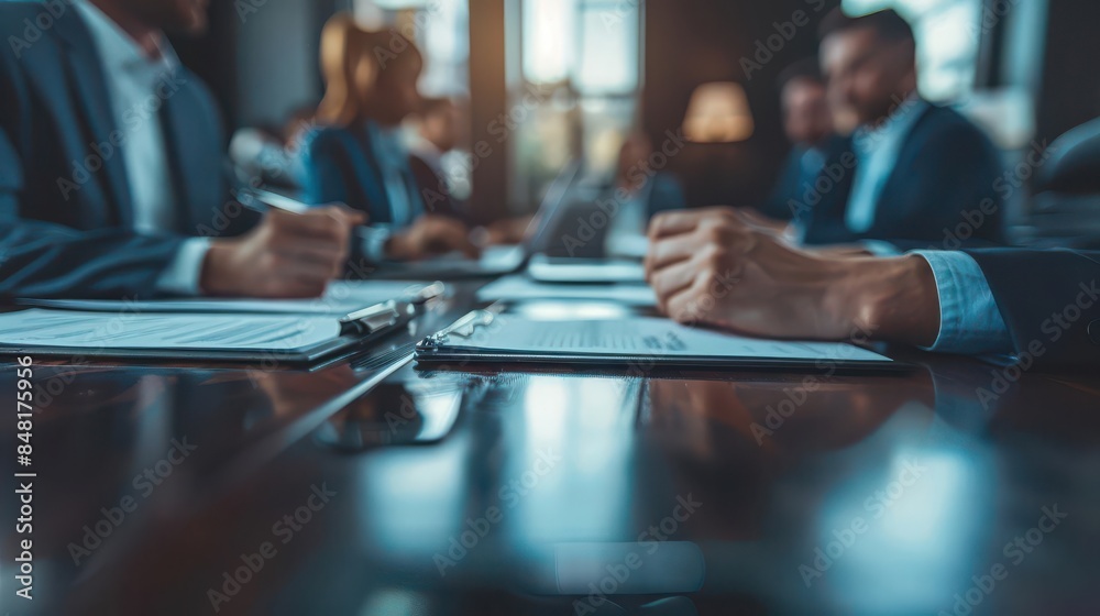 A conference table with business people discussing and agreeing on terms A conference table with business people discussing and agreeing on terms
