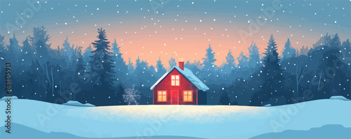 Cozy winter cabin nestled in a snowy forest glade, with a warm glow emanating from its windows. Vector flat minimalistic isolated illustration