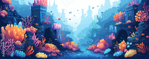 Whimsical underwater cityscape with coral-covered buildings, underwater tunnels, and marine life. Vector flat minimalistic isolated illustration
