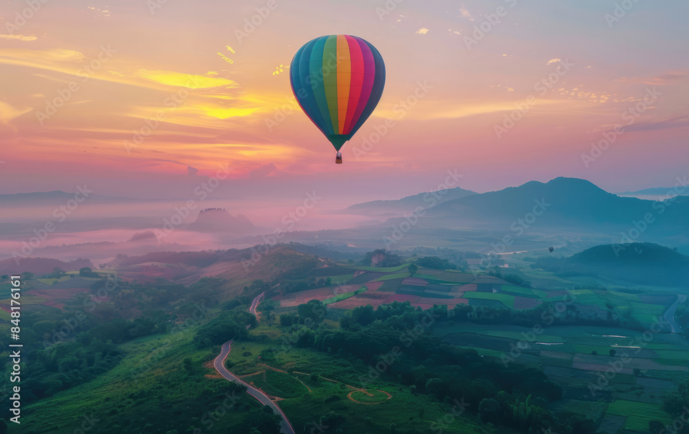 Colorful hot air balloon flying over green valley with road and mountain background at sunrise, bucket list lifestyle concept Colorful hot air balloon flying over green valley with road and mountain background at sunrise, bucket list lifestyle concept