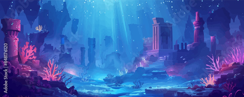 Mystical underwater city with ancient ruins, bioluminescent sea creatures, and coral reefs. Vector flat minimalistic isolated illustration.