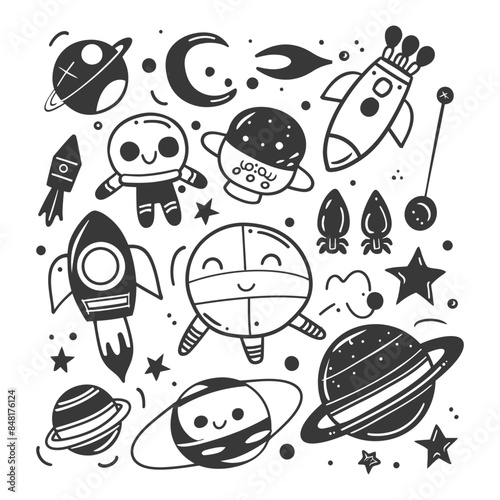 silhouette hand drawn cute outer space tools kawaii doodle collection set