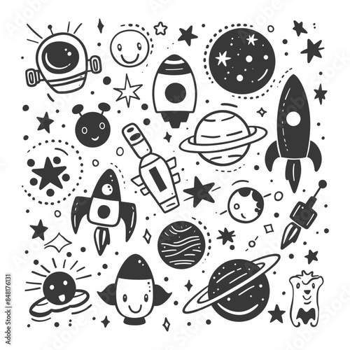 silhouette hand drawn cute outer space tools kawaii doodle collection set