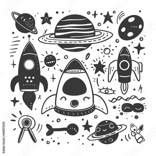 silhouette hand drawn cute outer space tools kawaii doodle collection set