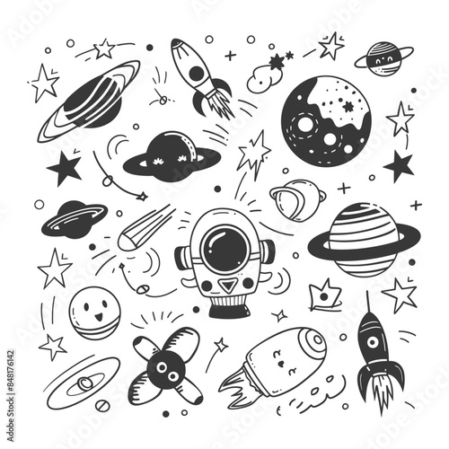 silhouette hand drawn cute outer space tools kawaii doodle collection set