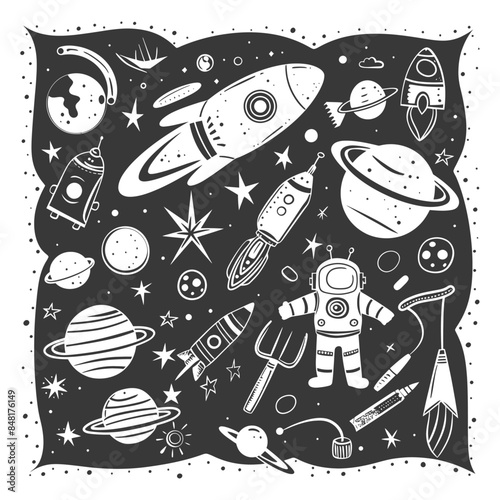 silhouette hand drawn cute outer space tools kawaii doodle collection set