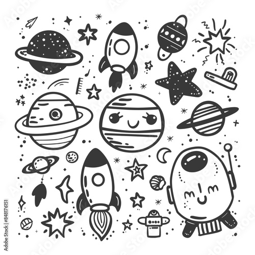 silhouette hand drawn cute outer space tools kawaii doodle collection set