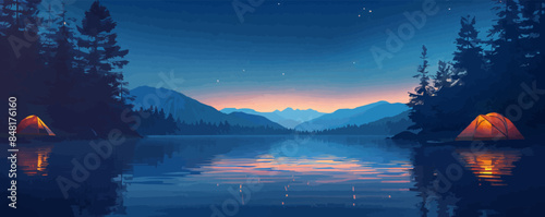 Tranquil lakeside campsite with tents pitched under a starry night sky. Vector flat minimalistic isolated illustration