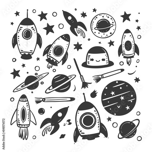 silhouette hand drawn cute outer space tools kawaii doodle collection set