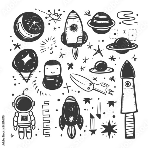 silhouette hand drawn cute outer space tools kawaii doodle collection set