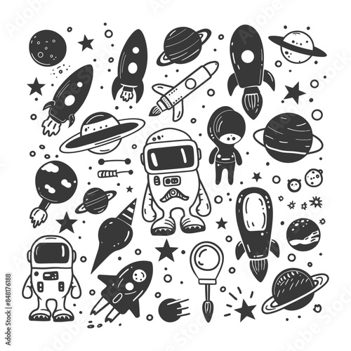 silhouette hand drawn cute outer space tools kawaii doodle collection set
