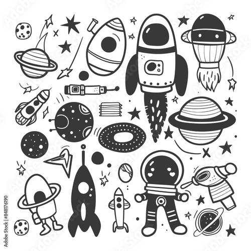 silhouette hand drawn cute outer space tools kawaii doodle collection set