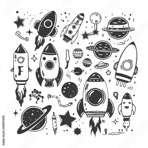 silhouette hand drawn cute outer space tools kawaii doodle collection set