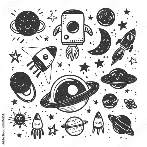 silhouette hand drawn cute outer space tools kawaii doodle collection set