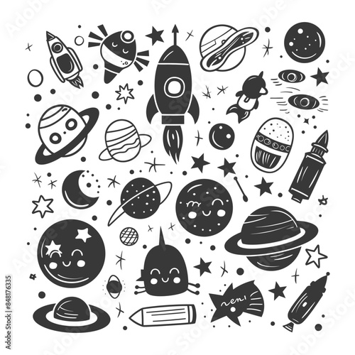 silhouette hand drawn cute outer space tools kawaii doodle collection set