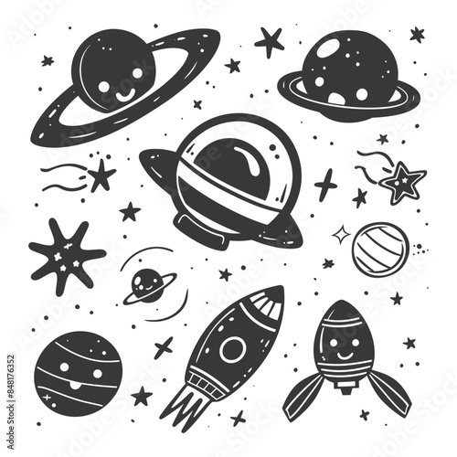 silhouette hand drawn cute outer space tools kawaii doodle collection set