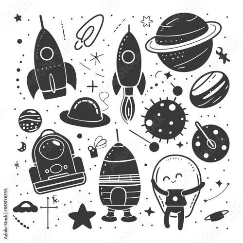 silhouette hand drawn cute outer space tools kawaii doodle collection set